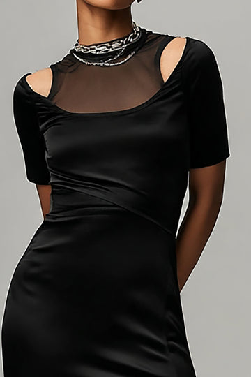 Bodycon Illusion Neck Black Cocktail Dress With Slit
